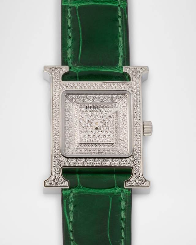Heure H All Diamond Watch with Green Alligator Strap, 25 mm